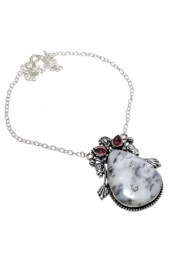 Natural Dendrite Opal, Kunzite Gemstone 925 Sterling Silver Necklace 18"