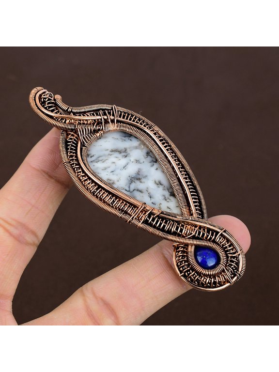 Natural Dendrite Opal,Lapis Stone Handmade Copper Wire Wrap Pendant 3.54"