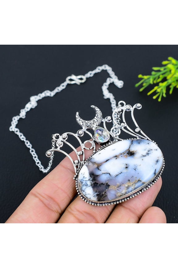 Natural Dendrite Opal, Mystic Gemstone 925 Sterling Silver Necklace 18"