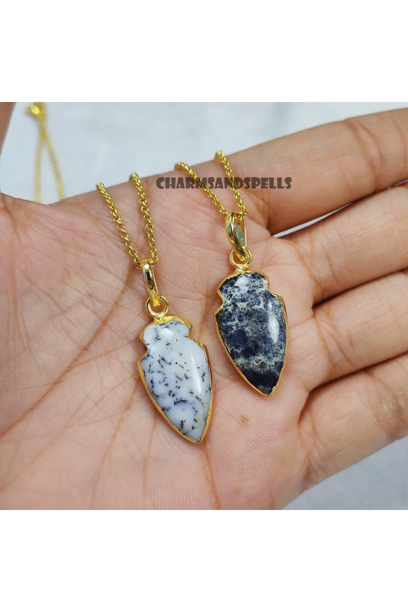 Natural Dendrite Opal Necklace - Arrowhead Dendrite Pendant - Healing Crystal - White Black Opal - Unique Gift For Her, Vintage Look Jewelry
