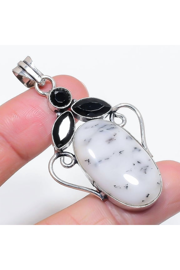 Natural Dendrite Opal, Spinel 925 Sterling Silver Jewelry Pendant 2.36"
