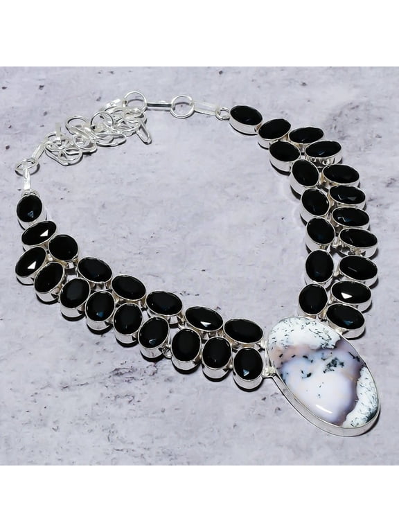 Natural Dendrite Opal, Spinel Gemstone 925 Sterling Silver Necklace 18"