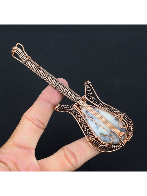 Natural Dendrite Opal Stone Handmade Copper Wire Wrap Guitar Pendant 4.53