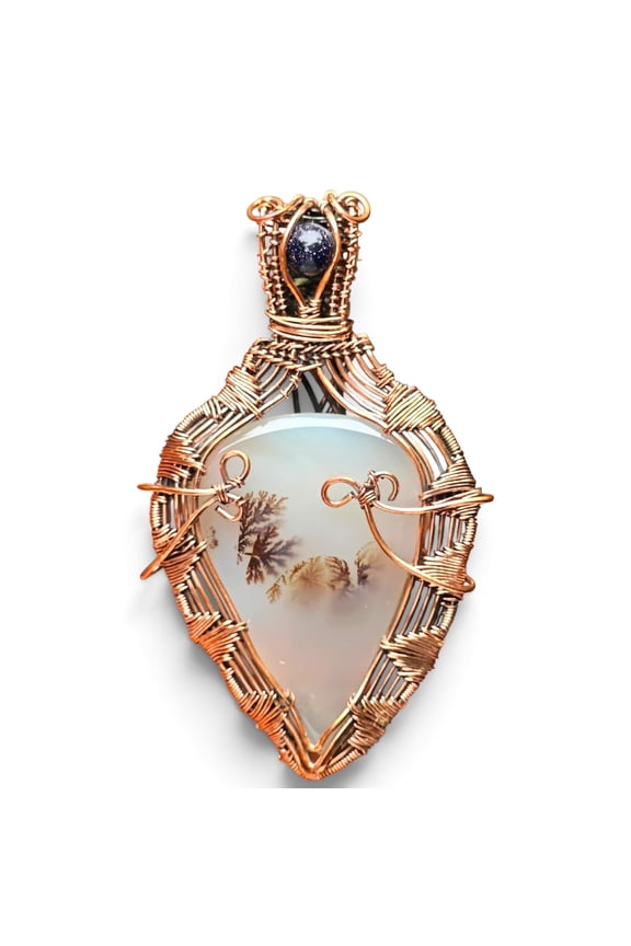 Natural Dendritic Agate Copper Wire Wrapped Pendant Necklace, Large 3.5 Inch Handmade Statement Gemstone Jewelry