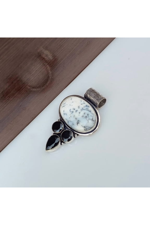 Natural Dendritic Opal & Black Onyx Gemstone Pendant 925 Sterling Silver Handmade Jewelry