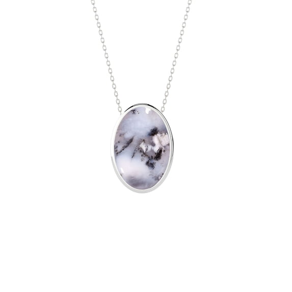 Natural Dendritic Opal Oval Shape Pendant Necklace in Sterling Silver for Women with 18-inch Adj. Chain, October Birthstone Jewelry for Her Birthday, Wedding Anniversary, Christmas, Mothers Day
