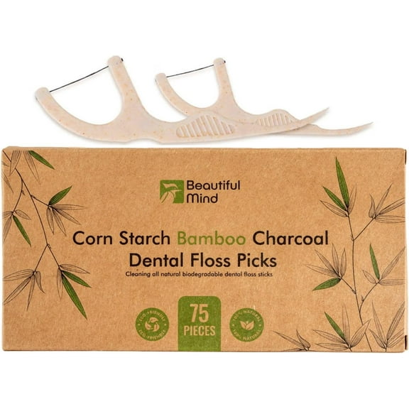 Natural Dental Floss Picks 75 Pack  Organic Biodegradable Floss Sticks with Strong Bamboo Charcoal Thread & Vegan Cornstarch Handle  No Plastics, No Artificial Flavours - Kraft Paper Box