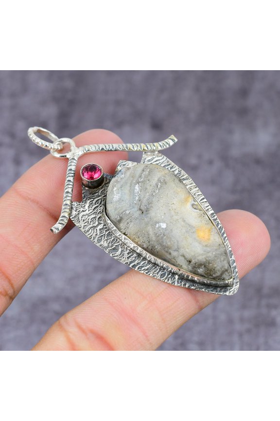 Natural Desert Druzy, Kunzite Gemstone 925 Sterling Silver Pendant 2.28"