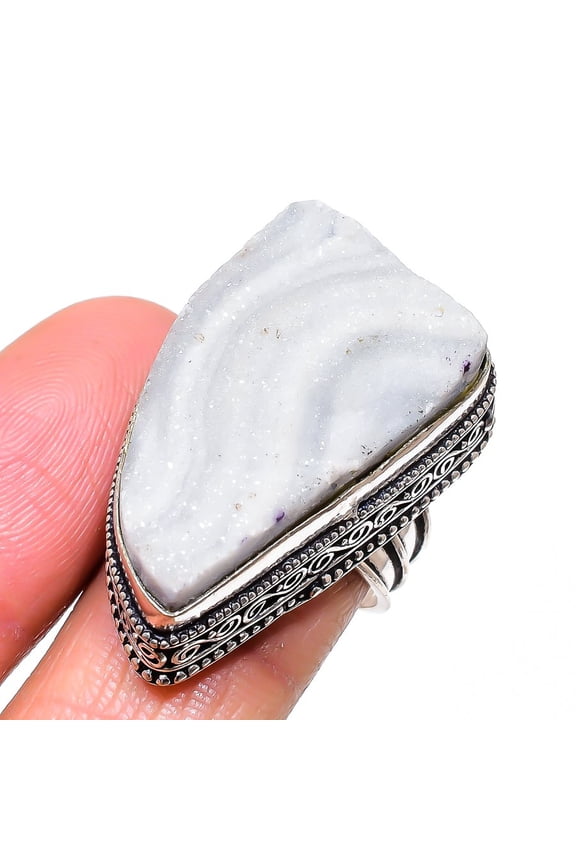 Natural Desert Rose Druzy Gemstone 925 Sterling Silver Jewelry Ring Size 8