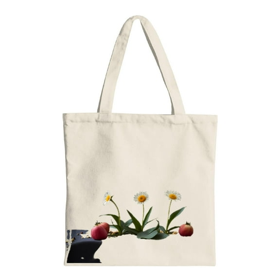 Natural Design Tote Bag - Canvas Shopping Bag with White Daisies Yellow Centers Green Leaves & Red Apples - Perfect for Parties Travel & Everyday Use