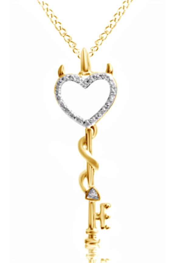Natural Diamond Accent Devil Heart Key Pendant Necklace in 14k Yellow Gold over Sterling Silver