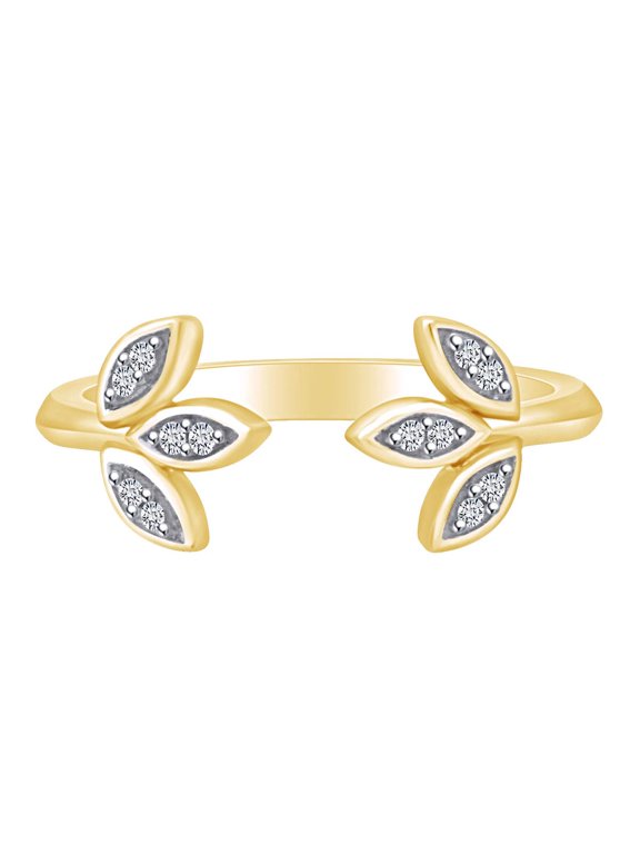 Natural Diamond Accent Open Leaf Wedding Band Ring Dainty Stackable Ring in 14K Yellow Gold Plated 925 Sterling Silver(0.05 Cttw,I-J Color,I2-I3 Clarity)Ring Size-6