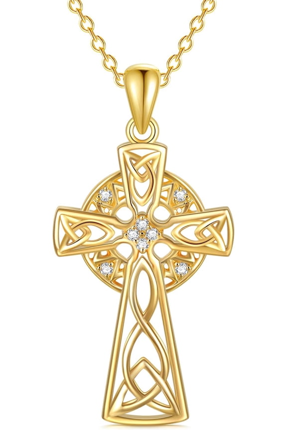 Natural Diamond Celtic Cross Irish Knot Necklace for Women,18K Yellow Gold Plated 925 Sterling Silver Trinity Knot Celtic Pendant Necklace Christmas Birthday Gifts for Mom Wife 18"+2"