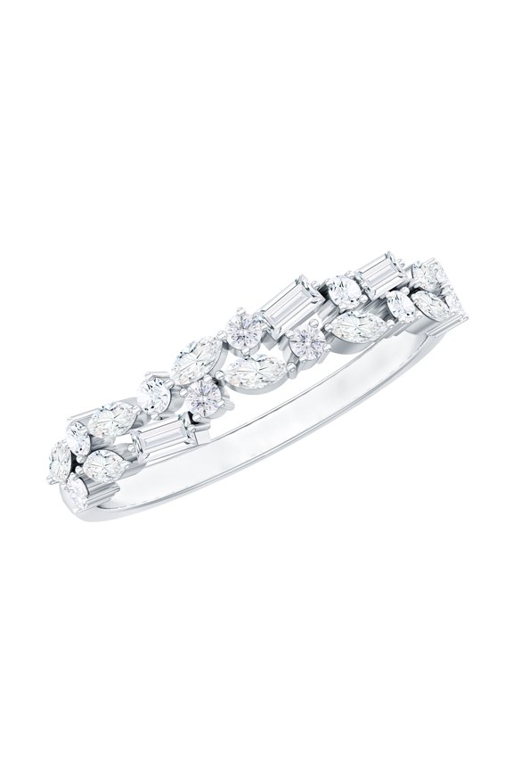 Natural Diamond Cluster Wedding Band - Half Eternity Band for Women - HI-SI Quality - With Jewelry Box, 925 Sterling Silver, US 4.00
