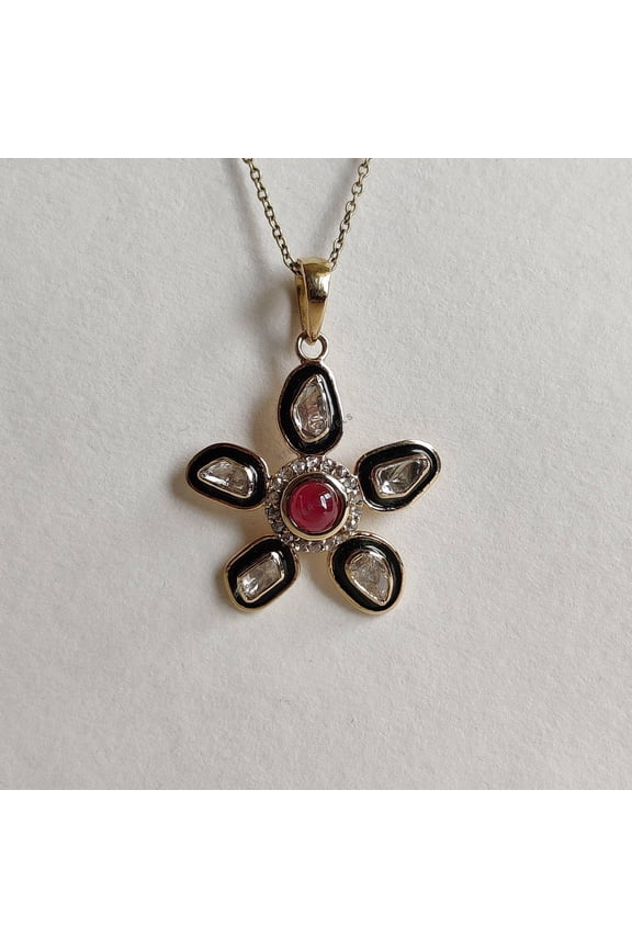 Natural Diamond Polki Ruby Pendant, 14K Solid Yellow Gold Diamond Polki Slice Pendant, Enamel Pendant, July April Birthstone, Ruby Jewelry