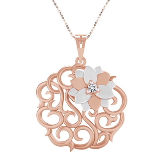 AFFY Natural Diamond Solitaire Filigree Two Tone Pendant Necklace 14k Rose Gold