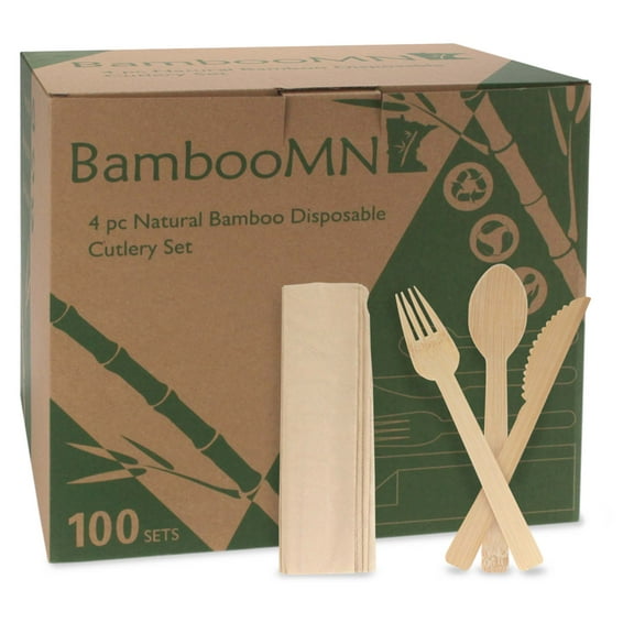 Natural Dinner Party Catering Bamboo Veneer Utensil 4pc Set - Spoon, Fork, Knife, Napkin - Bagged - 1,000 Sets