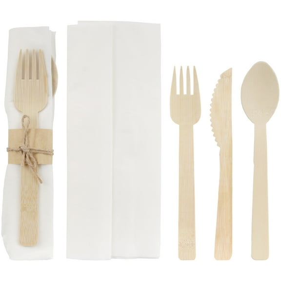Natural Dinner Party Catering Bamboo Veneer Utensil 4pc Set - Spoon, Fork, Knife, Napkin - Twine Tied - 10 Sets