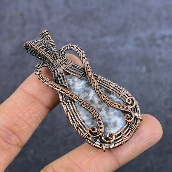 Natural Dinosour Bone Gemstone Copper Eire Wrap Jewelry Pendant 2.76"