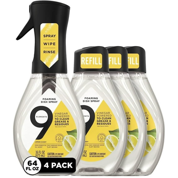 Natural Dish Soap, Dishwashing Liquid with Lemon Essential Oils, Made with the Power of Vinegar, 1 Dish Spray Starter Kit & 3 Refills (64 oz Total)