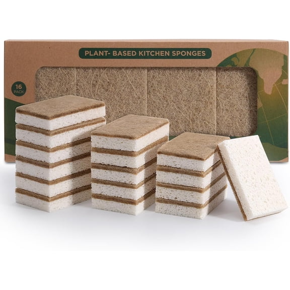 Natural Dish Sponges 16 Pack - Biodegradable Sponge Kitchen Compostable Cellulose Coconut Scrubber - No Scratch Cleaning Sponges