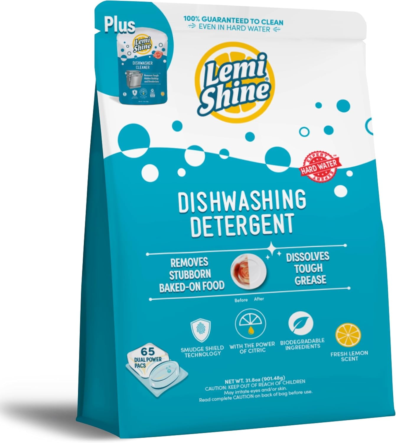 Natural Dishwasher Detergent Pods with Dishwasher Cleaner Pouch - Eco Friendly Cleaning Supplies - 31.8 oz (65 Count)