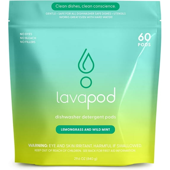 Natural Dishwasher Pods | Plant-Based Enzyme Dishwasher Detergent, Lemongrass & Wild Mint, Eco-Friendly, Tough on Grease & Food Residue, 60 Count