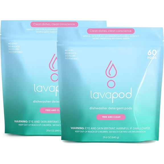 Natural Dishwasher Pods | Plant Based Enzymes Dishwasher Detergent, Free & Clear (Unscented), Eco-Friendly, Tough on Grease & Food Residue | 2 Pack of 60, 120 Pods