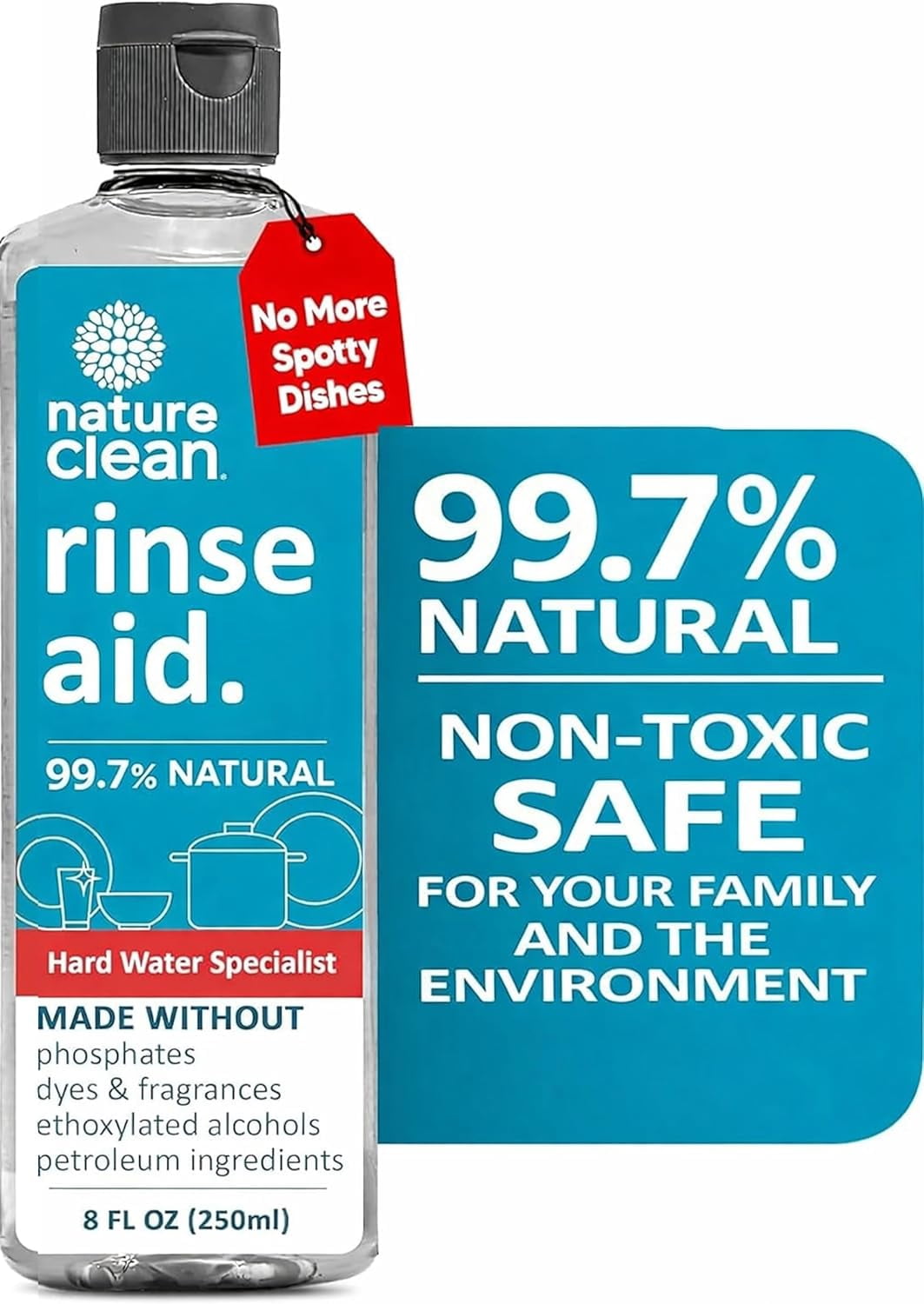All Natural Dishwasher Rinse Aid Cleaner, Liquid Agent Spot-Free Glass & Cutlery in Hard Water, Non-Toxic Dish Washer Drying Stain Remover, 8 oz/250ml, Pack of 1