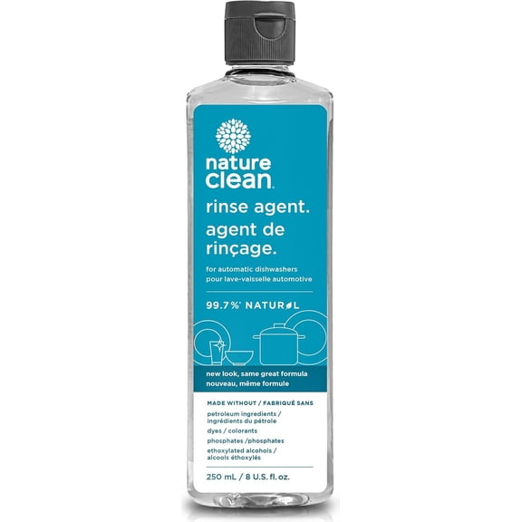 All Natural Dishwasher Rinse Aid Cleaner, Liquid Dishwasher Rinse Agent for Spot-Free Glass & Cutlery in Hard Water, Non Toxic Dish Washer Rinse Aid & Stain Remover, 8 oz/250ml, Pack of 1