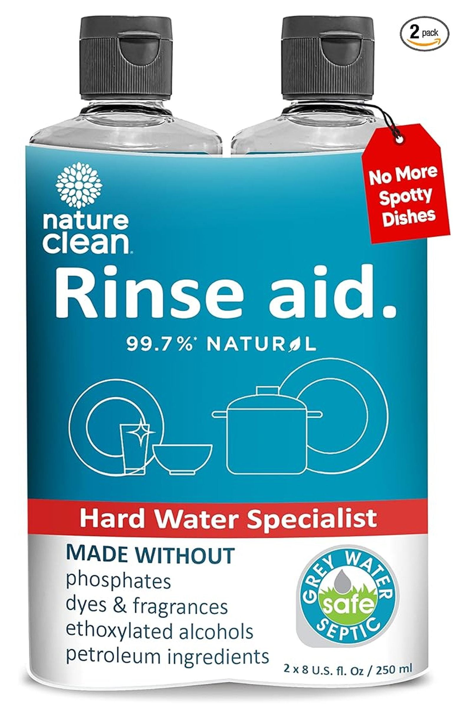 Natural Dishwasher Rinse Aid Liquid, Plant-Based Dishwasher Drying Agent with 99.7% Natural Ingredients, Unbelievable Power and No Nasty Chemicals. Hard Water Stain Remover. 8 oz 2-pack