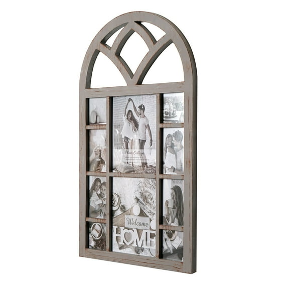 Natural Distressed Arched Window Pane Wall Hanging Decorative Photo Collage Picture Frame - 31.5" x 18"
