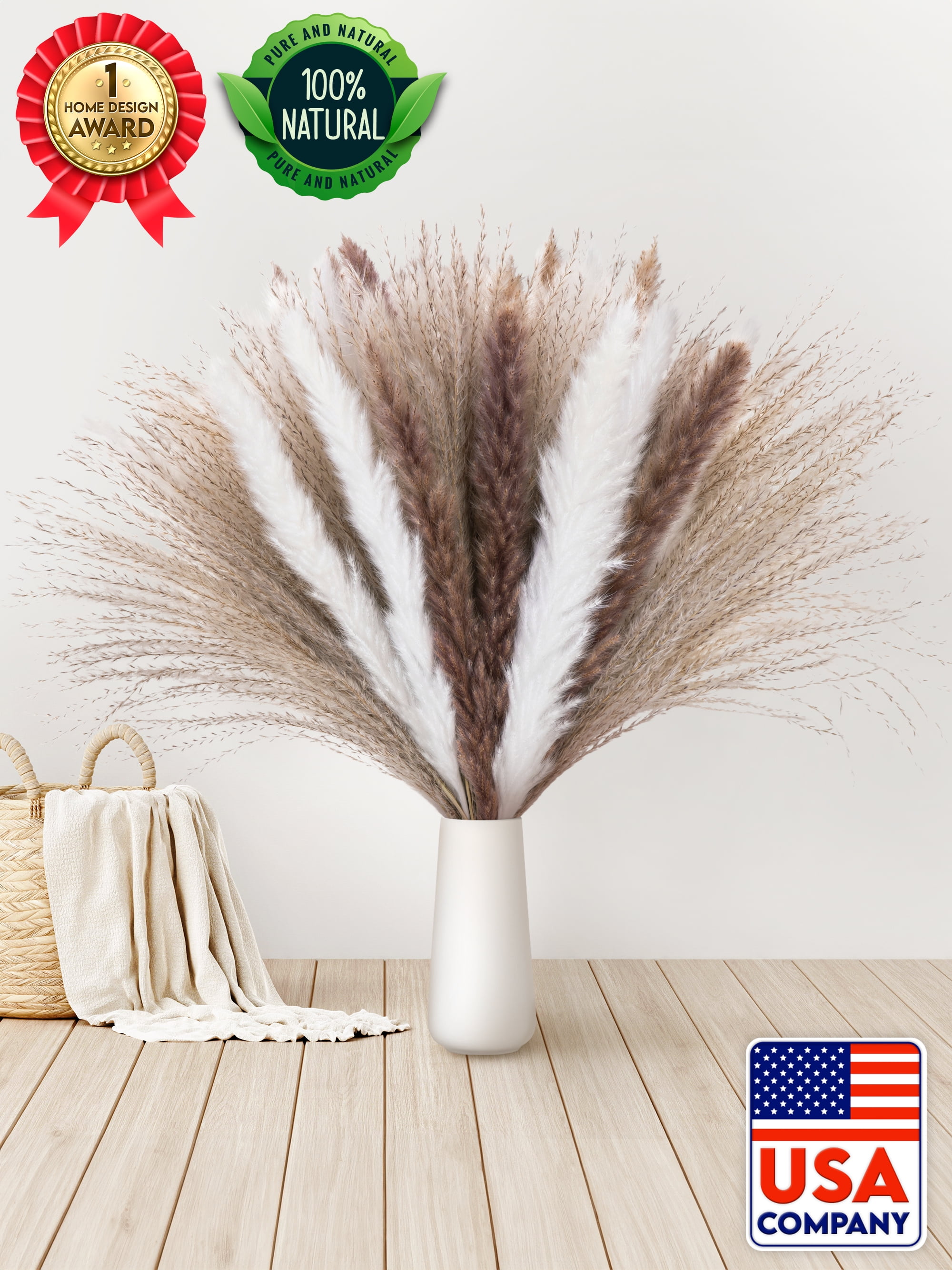 Natural Dried Pampas Grass Bouquet 60 pcs, 17.7" Tall Fluffy Boho Decor by EcoEarth