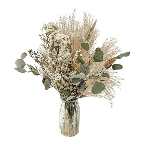 Natural Dried Pampas Grass Bouquet with Eucalyptus and Lagurus in Glass Vase, Boho Home Decor, Perfect for Living Room