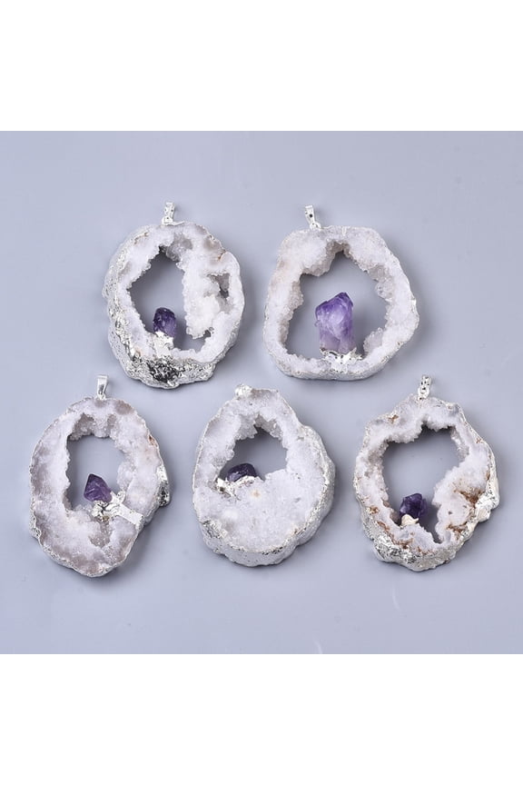 Natural Druzy Agate Big Pendants Edge Platinum Plated with Natural Amethyst and Iron Snap on Bails 37-71x29-55x9-15mm Hole: 4x6mm