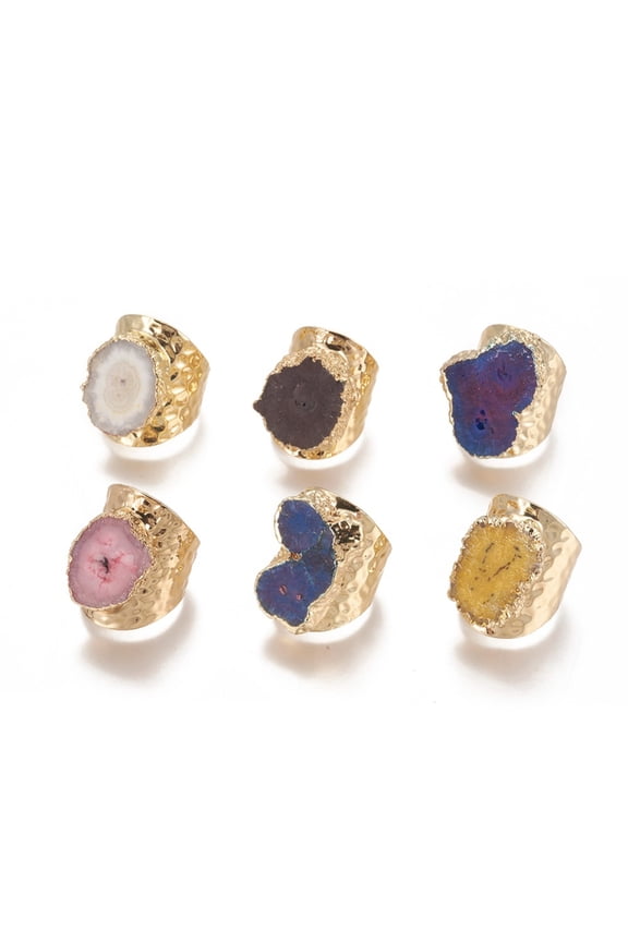 Natural Druzy Agate Cuff Rings Open Rings with Brass Findings and Rhinestone Golden Mixed Color Size 9~10 19~20.5mm for diy