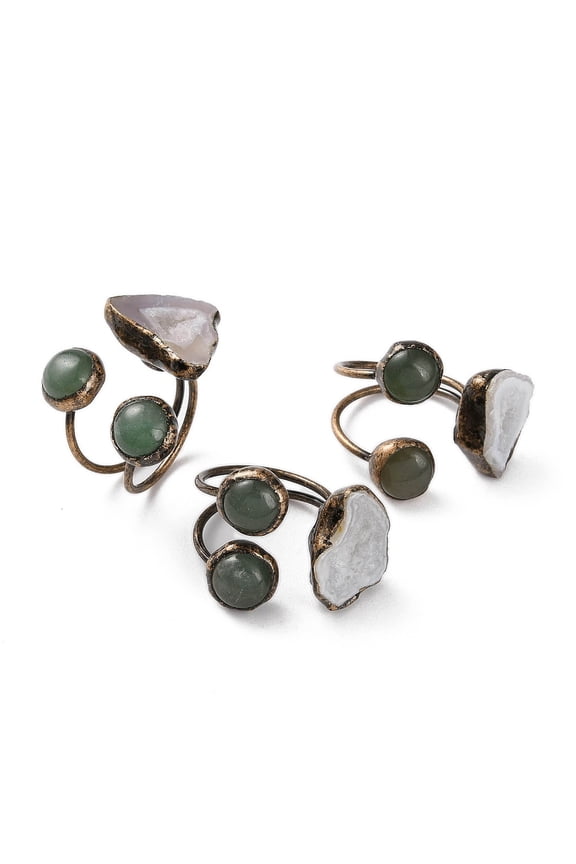 Natural Druzy Agate Green Aventurine Open Cuff Rings Red Copper Tone Brass Ring for Women Inner Diameter: 20mm