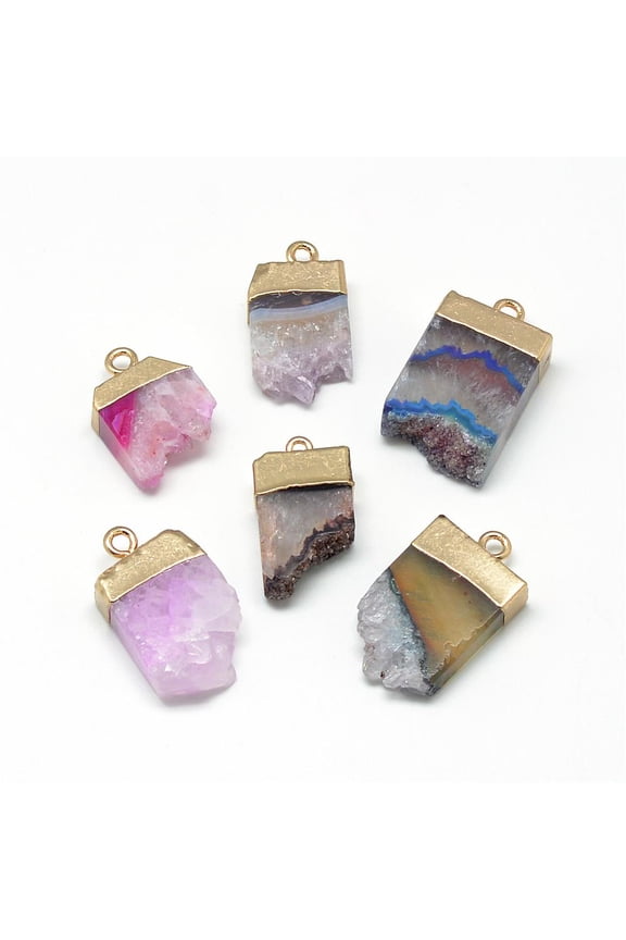 Natural Druzy Agate Pendants with Brass Findings Dyed Golden 23~32x15~18x7~10mm Hole: 2~2.5mm