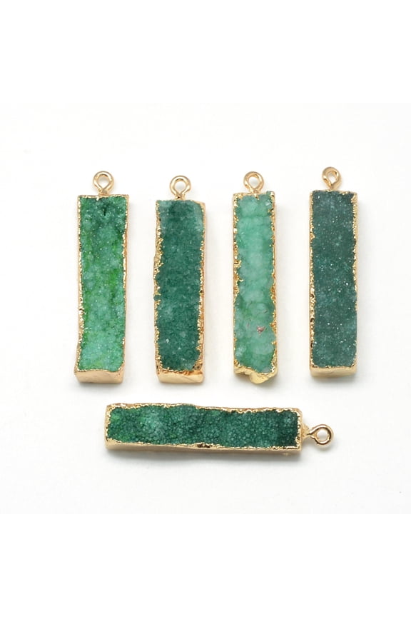 Natural Druzy Agate Pendants with Brass Findings Dyed Rectangle Golden Sea Green 39~44x9~12x8~15mm Hole: 1.8mm