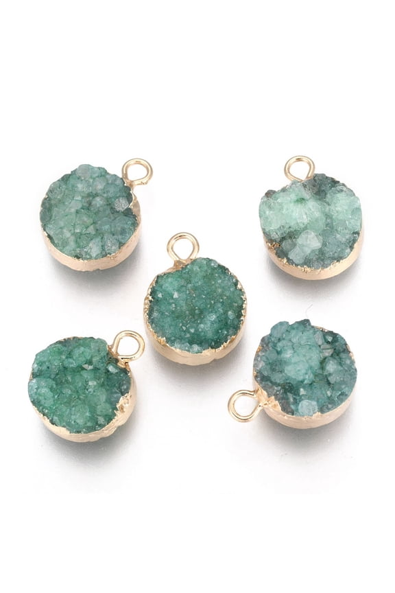 Natural Druzy Agate Pendants with Real 18K Gold Plated Brass Finding Long-Lasting Plated Flat Round Dyed Green 18~20x14x5~10mm Hole: 2~3mm