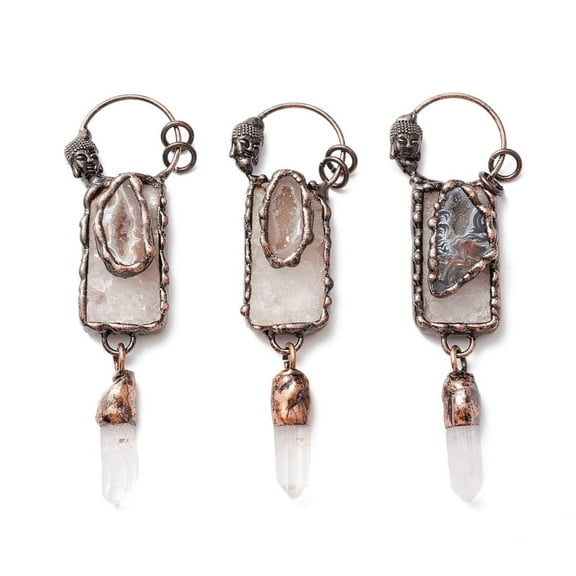 Natural Druzy Agate and Quartz Crystal Big Pendants with Tin Findings Lead & Nickel & Cadmium Free Rectangle and Red Copper 106.5mm