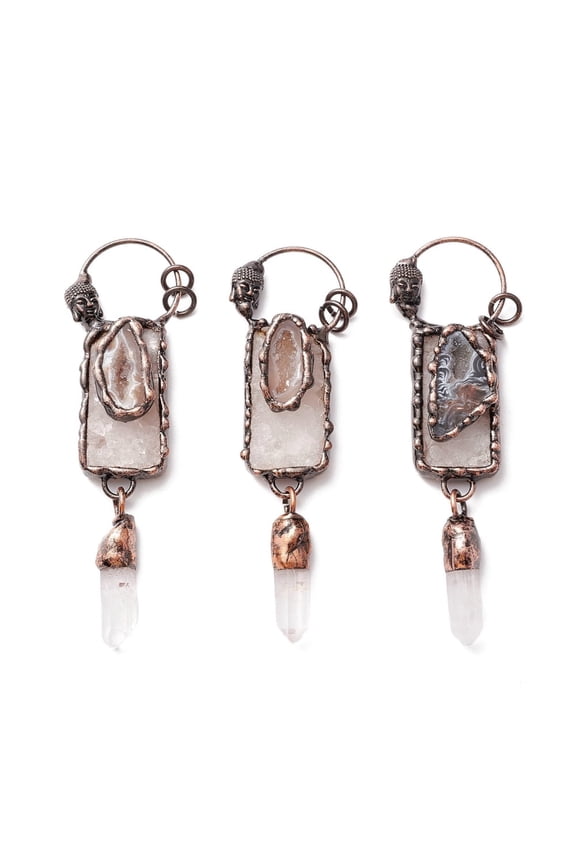 Natural Druzy Agate and Quartz Crystal Big Pendants with Tin Findings Lead & Nickel & Cadmium Free Rectangle and Red Copper 106.5mm