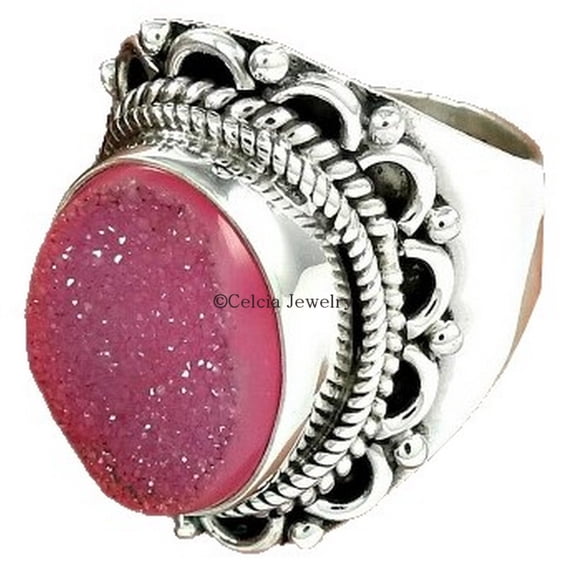 Natural Druzy Gemstone Handmade Jewelry, 925 Sterling Silver Ethnic Ring, Statement Band Ring, Promise Ring, Bohemian Amazing Ring, Pinky Ring, Gifts For Him Her (druzy, Size 7)