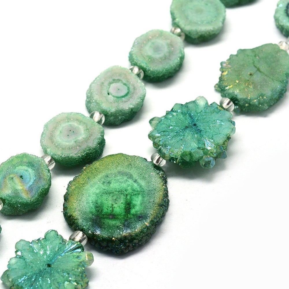 Natural Druzy Quartz Beads Strands Solar Quartz Dyed Lime Green 14-22x13-20x4-6mm Hole: 1.5-2mm 9-12pcs/strand 7.7-7.9 inch(19.5-20cm)