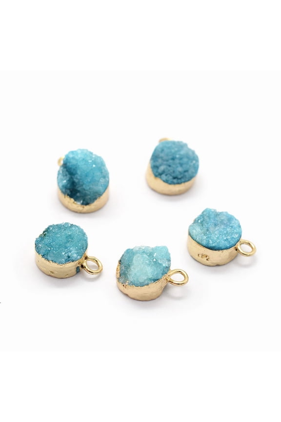 Natural Druzy Quartz Charms with Brass Findings Flat Round Golden Cadet Blue 10~11x7~8x3~9mm Hole: 2mm