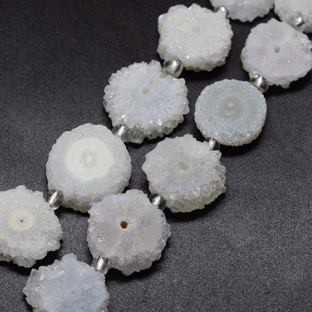 Natural Druzy Quartz Crystal Beads Strands Solar Quartz Dyed White 14~22x13~20x4~6mm Hole: 1.5~2mm about 9~12pcs/strand 7.7~7.9 inch(19.5~20cm)