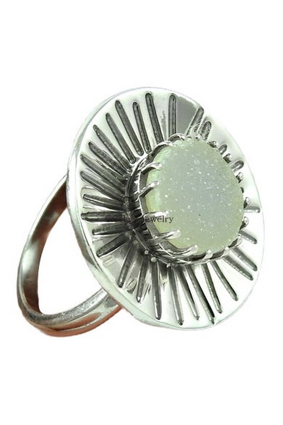 Natural Druzy Rough Stone Round Ring For Women, Boho Chic Bohemian Ring, Metaphysical Gifts, Bridesmaid Gifts, Hippie jewelry, Meditation Ring, Anxiety Ring, Victorian Ring (druzy, Size 7)