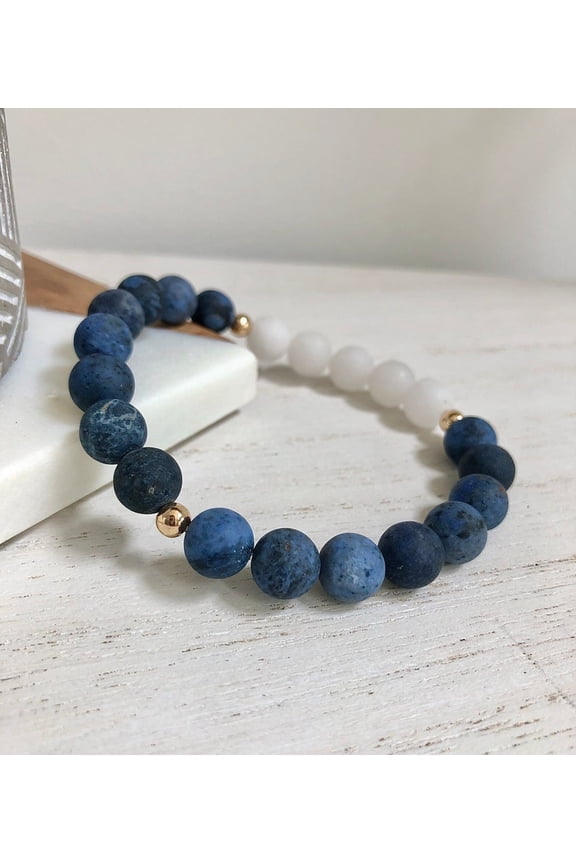 Natural Dumortierite & Angola Quartz 10mm Round Shape Smooth Cut Beads Stretchable Bracelet for Men & Women.