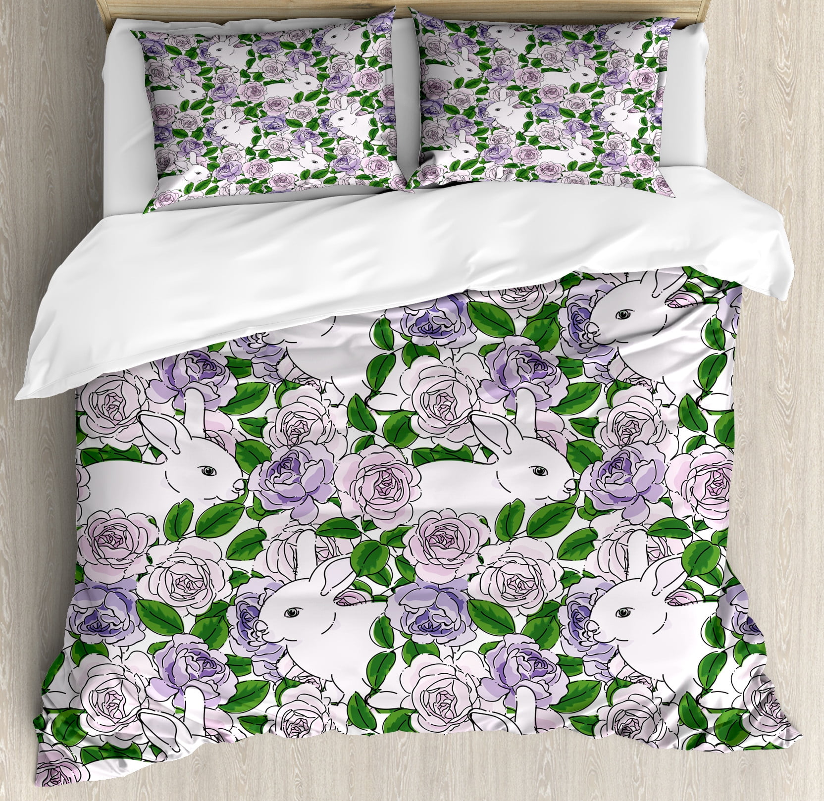 Natural Duvet Cover Set, Botanic Theme Rabbits Pattern in Roses and ...