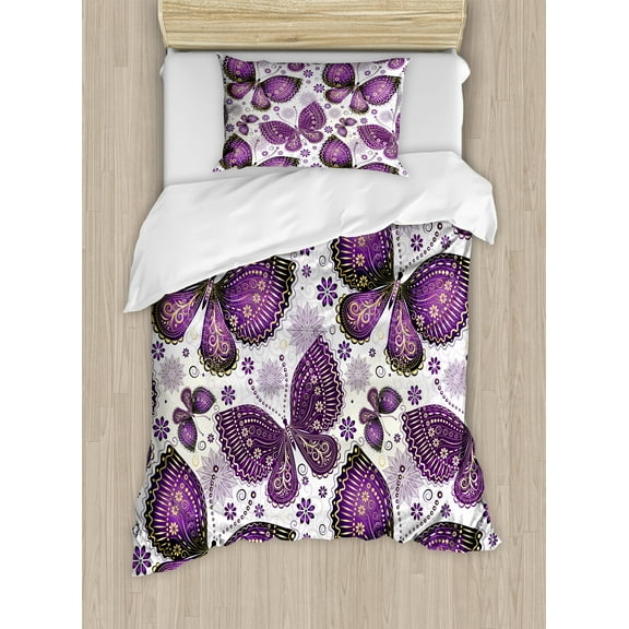 Natural Duvet Cover Set, Butterflies with Paisley Motif on Wings Flowers Art Print, Decorative 2 Piece Bedding Set with 1 Pillow Shams, Twin Size, Purple White Lilac, by Ambesonne